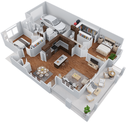 a 3d floor plan of a house with a bedroom and a living room